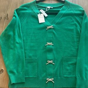 Vila Milano Green Cardigan Sweater with Rhinestone Bow Accents-NWT/Never Worn